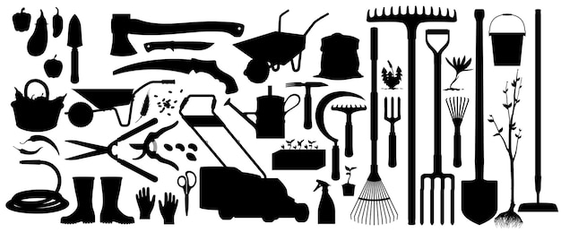 Icônes De Silhouette D'outils De Jardinage Et D'agriculture