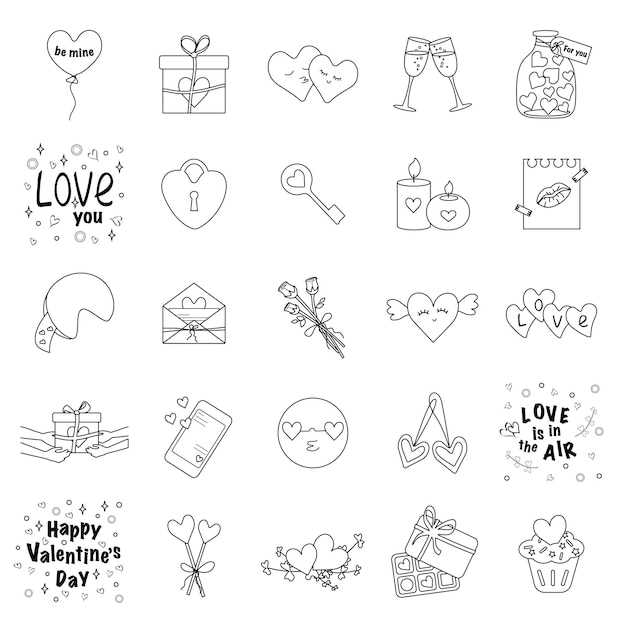 Icônes simples de ligne noire pour la Saint-Valentin
