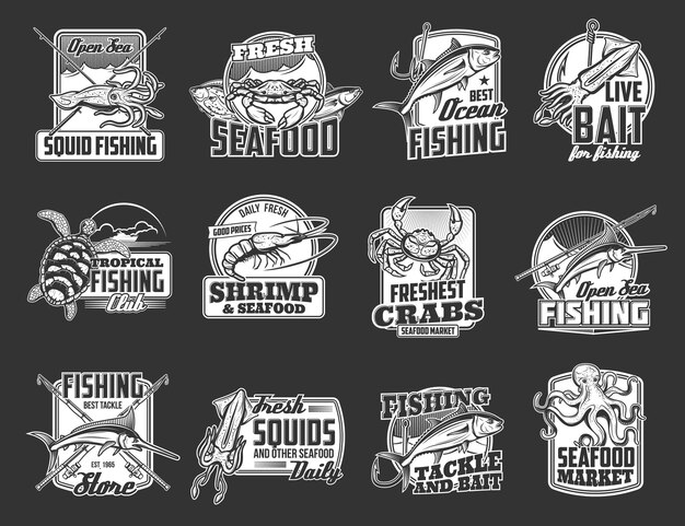 Vecteur icônes de sport de fruits de mer et de pêche cannes et poissons