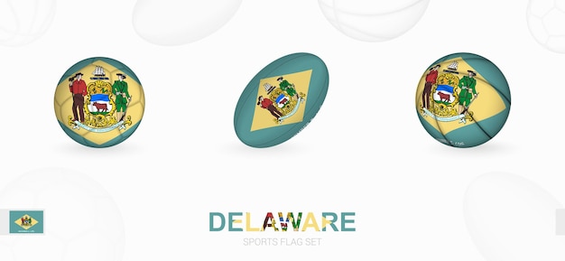 Icônes Sportives Pour Le Football, Le Rugby Et Le Basket-ball Avec Le Drapeau Du Delaware.