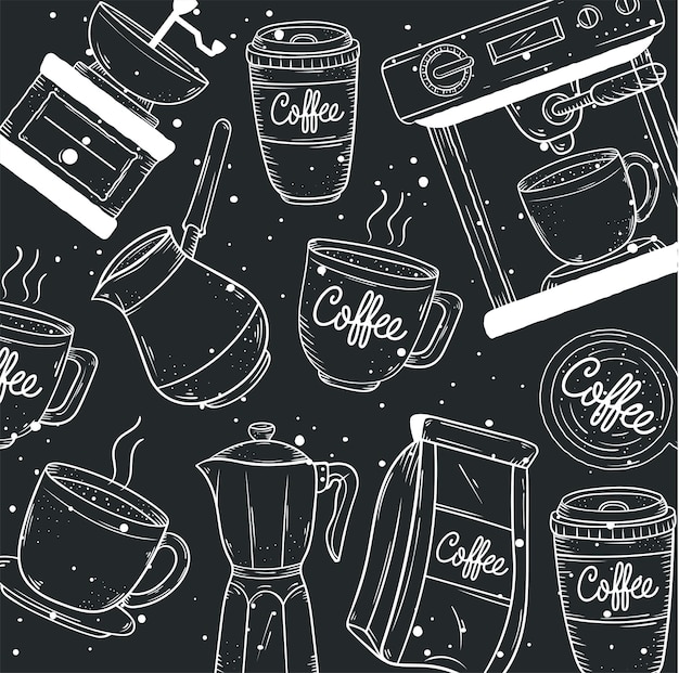 Icônes de style de doodle de modèle de café