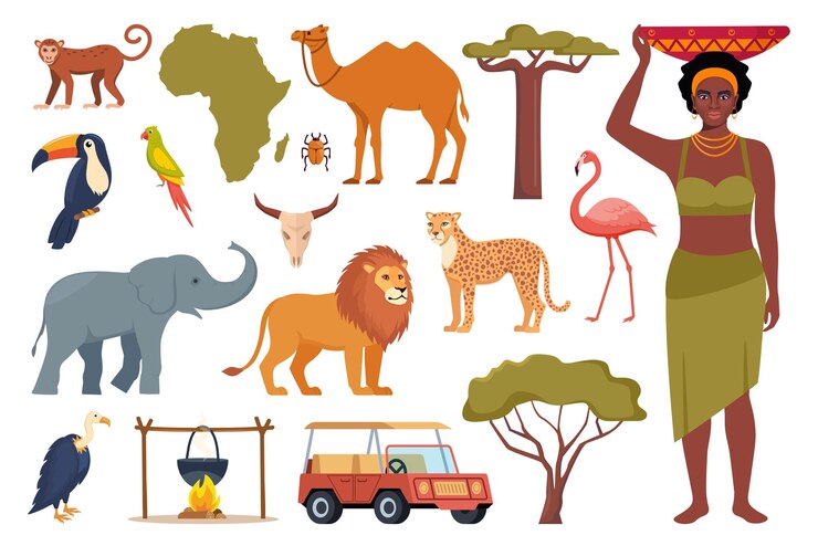 Vecteur icônes de style ethnique africaine carte africaine arbres personnes animaux oiseaux vecteur
