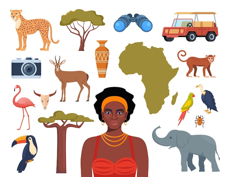 Vecteur icônes de style ethnique africaine carte africaine arbres personnes animaux oiseaux vecteur