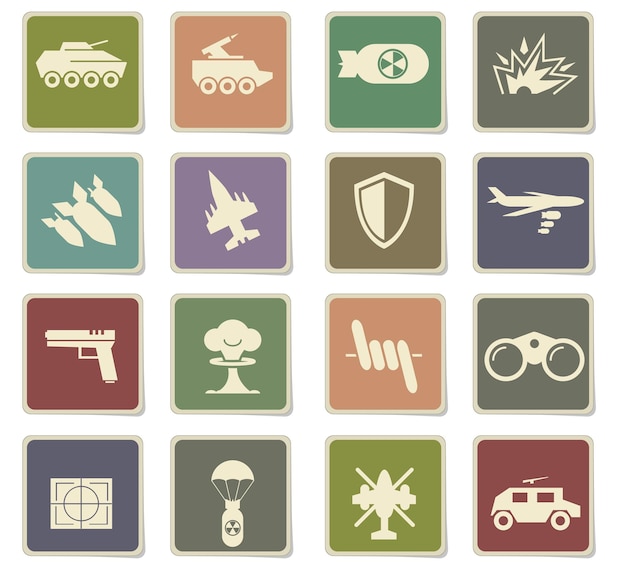 Vecteur icônes de symboles de guerre sur des autocollants en papier carrés avec ombre