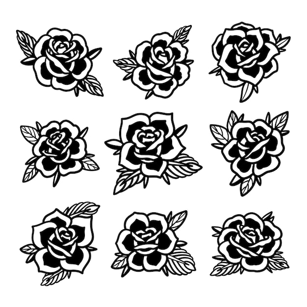 Icônes De Tatouage Old School Sertie De Symboles De Roses Illustration Vectorielle Isolée