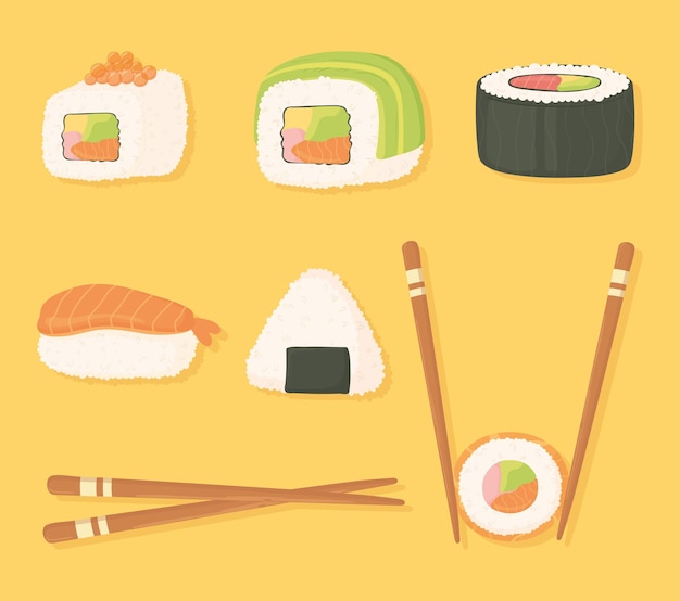 Icônes De Temps De Sushi Mis Des Baguettes Et Différentes Illustrations De Nourriture De Sushi