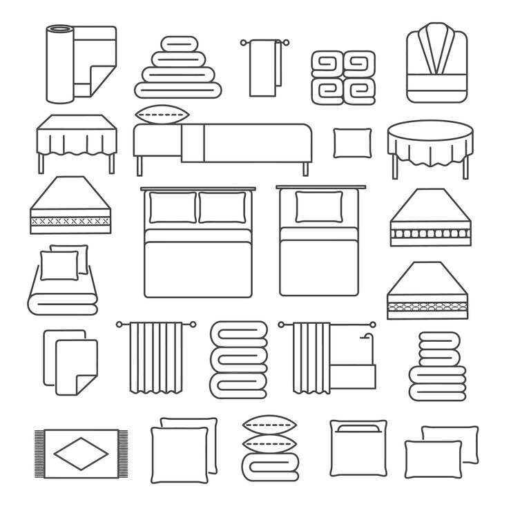 Vecteur icones de textile à la maison couchage à carreaux oreillers draps oreillers couche d'oreiller couche de linge propre ligne d'icône set de remorquage