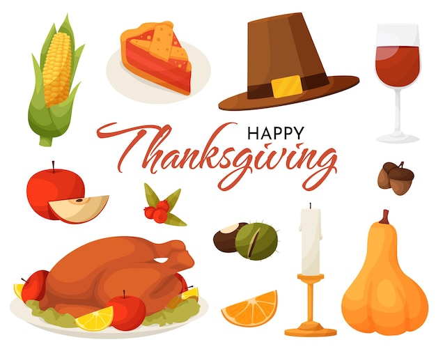 Vecteur icônes de thanksgiving ensemble vectoriel d'éléments d'automne avec dinde rôtie dessin animé citrouille nourriture maïs vin