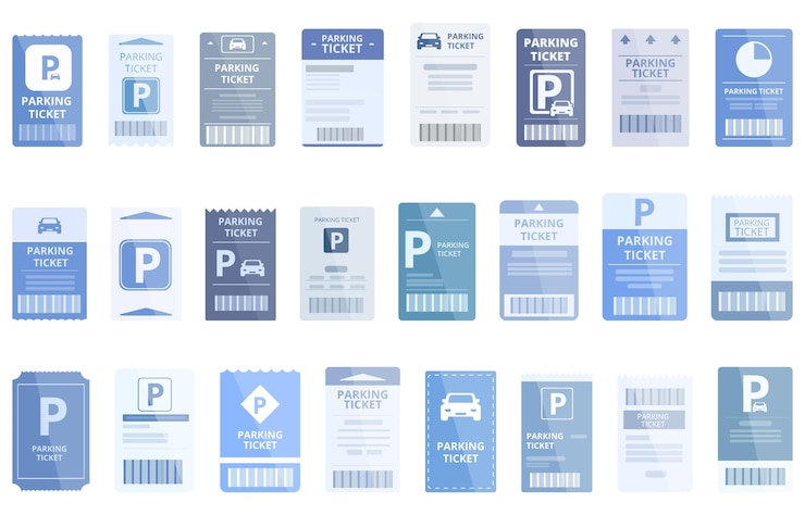 Vecteur icônes de ticket de stationnement définies vecteur de dessin animé parking payer beaucoup