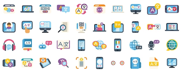 Icones de traducteur en ligne et hors ligne montrant différentes façons de traduire le texte et la parole