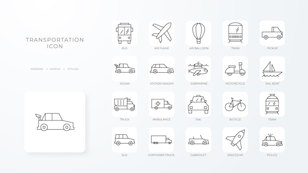 Vecteur icônes de transport avec style de contour noir