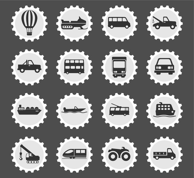 Icônes De Transport Sur Des Timbres-poste Ronds Stylisés