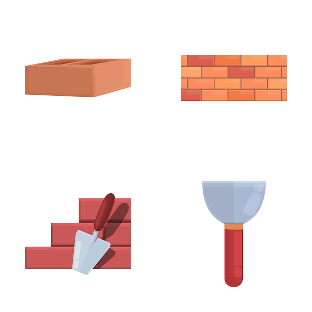 Vecteur icones de travail de briques jeu de vecteur de dessins animés mur de briques et truelle