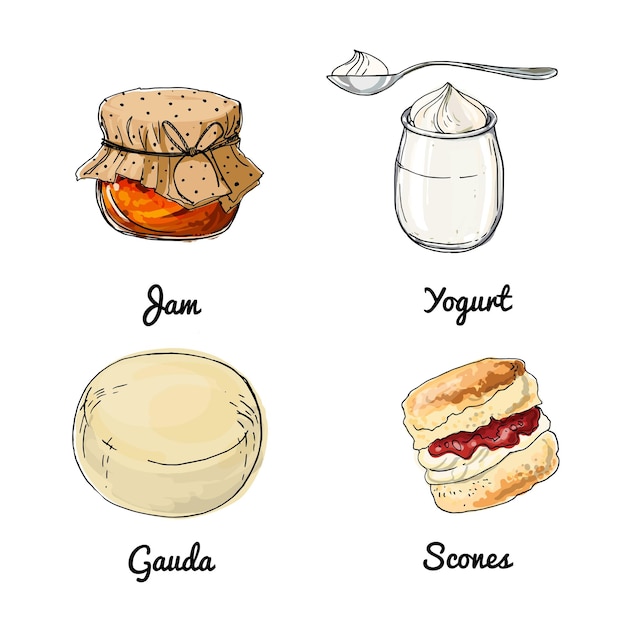 Vecteur icônes vectorielles alimentaires croquis coloré de produits alimentaires confiture yaourt fromage gauda scones