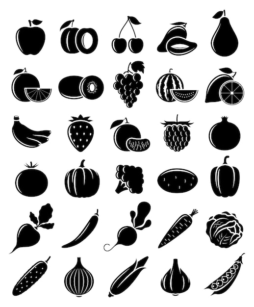 Vecteur icones vectorielles de fruits et légumes noirs et blancs