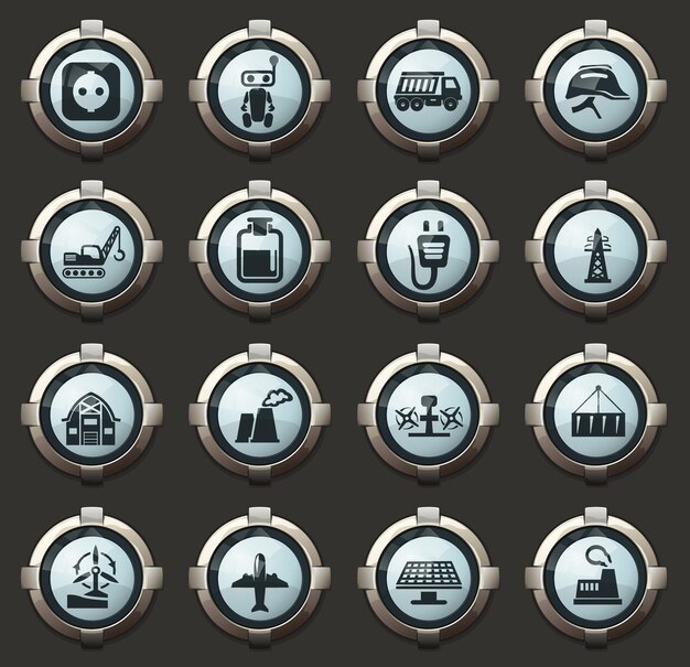 Icônes Vectorielles De L'industrie Dans Les Boutons Ronds élégants Pour Les Applications Mobiles Et Le Web