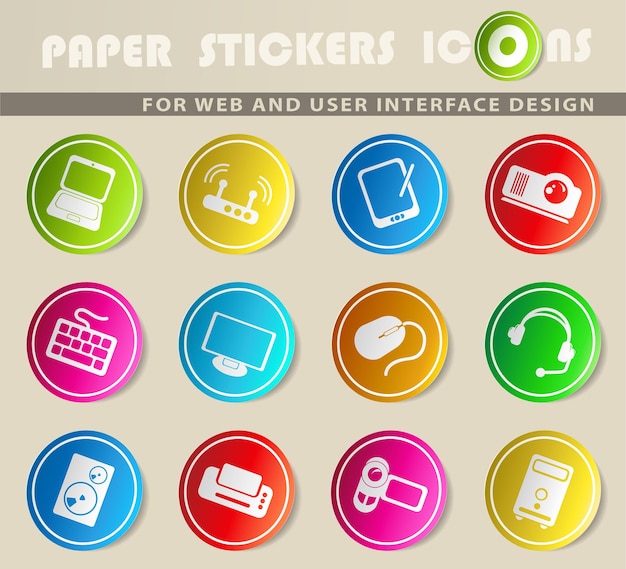 Icônes Vectorielles De Matériel Informatique Sur Des Autocollants En Papier De Couleur
