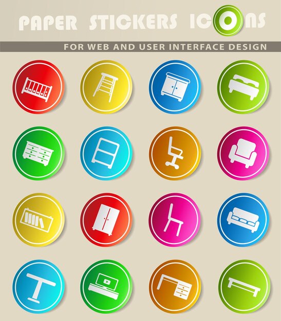 Vecteur icônes vectorielles de meubles sur des autocollants en papier de couleur