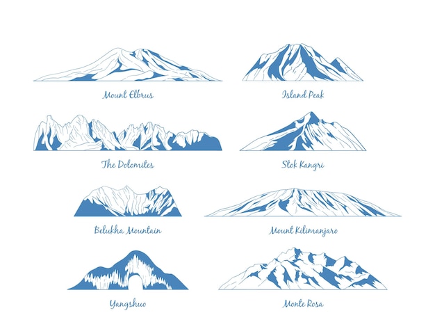 Icônes Vectorielles De Montagnes Pour Les Bannières D'emblème De Logo Pour Les Sentiers De Randonnée D'alpinisme Dans Le Style De Ligne