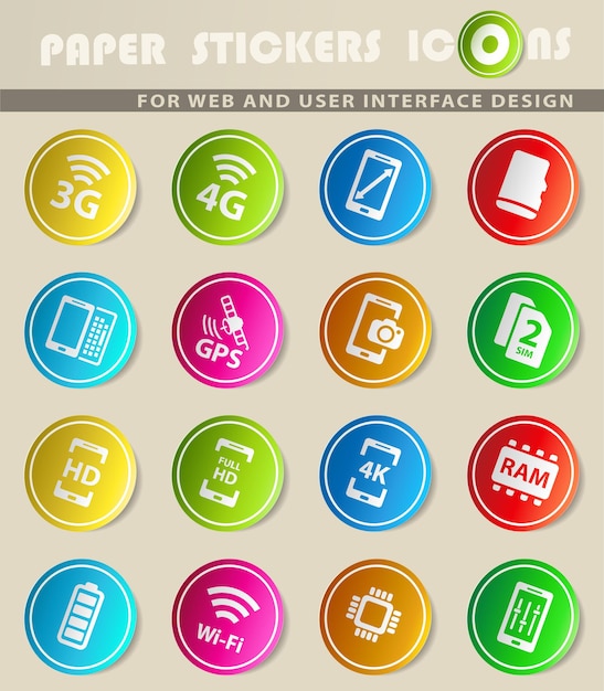 Icônes Vectorielles De Spécifications Smarthone Sur Des Autocollants En Papier De Couleur