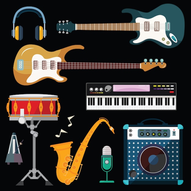 Icônes vectorielles de station de guitare, piano et batterie