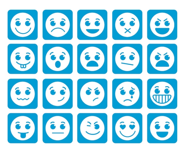 Vecteur icônes vectorielles de visage d'emoji dans les boutons bleus plats carrés avec des émotions et des expressions faciales