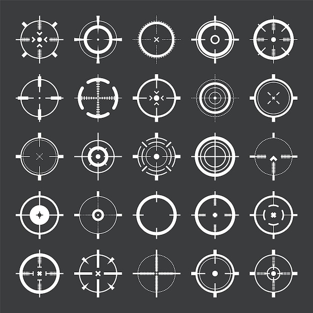 Vecteur icones vectorielles de visée de fusil à visée croisée objectif de visée ou de visée symbole de marque de tir de portée de fusil militaire ciblage visant un coup de feu chasse à l'arc et tir sportif elément d'interface utilisateur du jeu