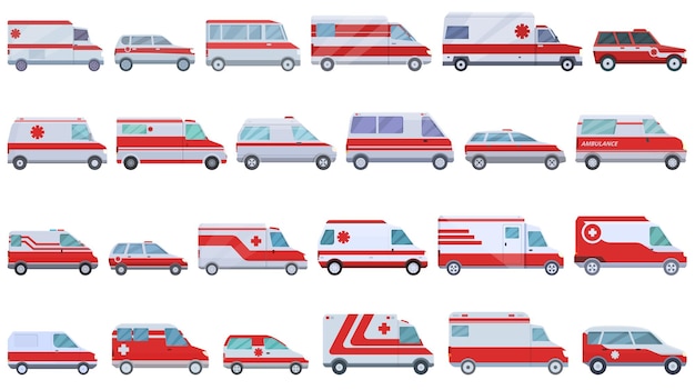 Vecteur icônes de véhicules d'urgence définies vecteur de dessin animé transport d'ambulance