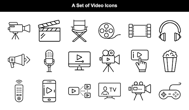 Icones vidéo de contour Set de caméra Clapperboard chaise film bobine écouteurs et plus