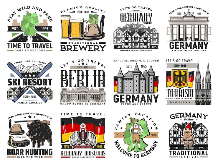 Vecteur icônes de voyage allemand carte drapeau isolé de l'allemagne