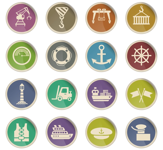 Icônes Web du port sous forme d'étiquettes en papier rondes