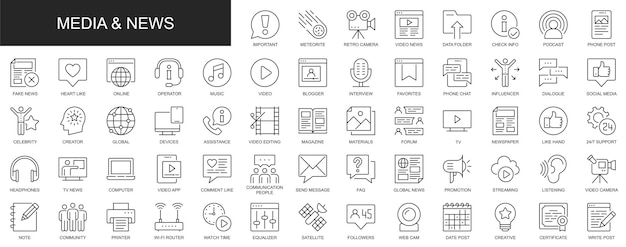 Les icônes Web des médias et des nouvelles sont définies dans une conception en ligne mince Pack de messages téléphoniques aime l'interview du blogueur vidéo influence préférée dialogue influence autre contour pictogrammes de traits illustration vectorielle