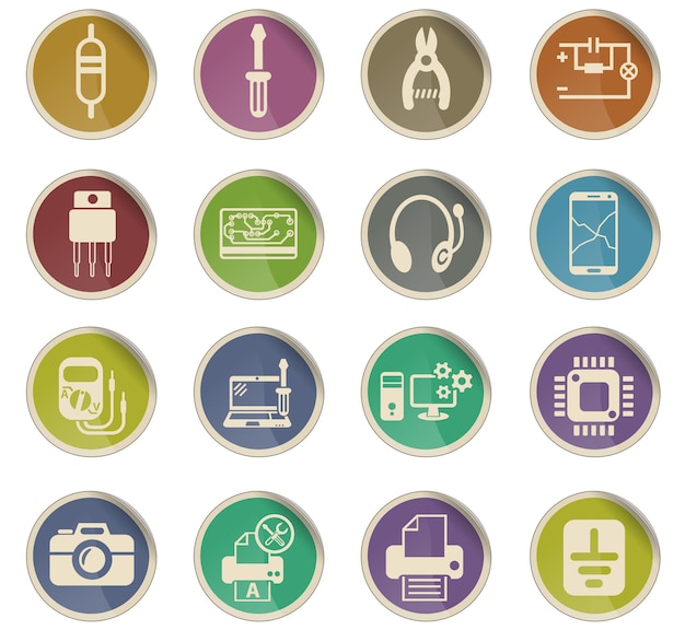 Icônes Web de réparation électronique sous forme d'étiquettes en papier rondes