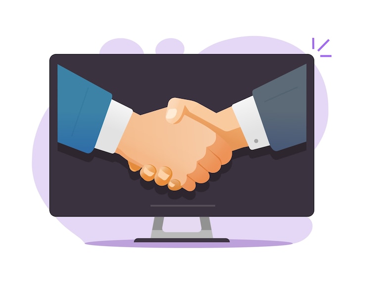 Vecteur idée de concept d'accord de partenariat internet de contrat en ligne ou accord d'homme d'affaires succès numérique réunion négociations bienvenue poignée de main