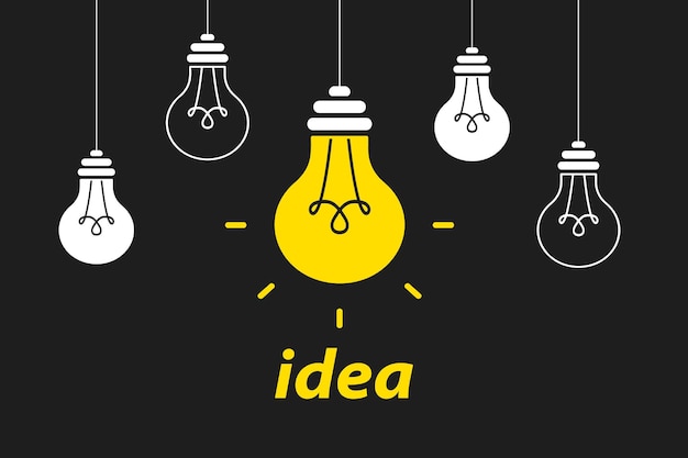 Vecteur idée créative ampoules avec une pendaison et rougeoyante icônes d'ampoules vectorielles plates à la mode avec concept d'idée éducation à la solution d'innovation symbole de créativité idée créative esprit pensée