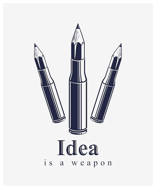 L'idée Est Un Concept D'arme, Une Arme D'allégorie D'un Designer Ou D'un Artiste Présentée Comme Une Cartouche D'arme à Feu Avec Des Crayons Au Lieu D'une Balle, Une Puissance Créative, Un Logo Vectoriel Ou Une Icône.