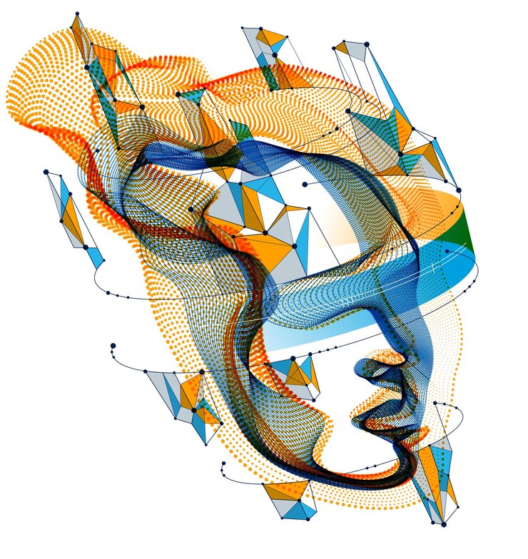 Vecteur idée futuriste de l'âme logicielle numérique de la machine, esprit de la période d'évolution du temps technocratique, illustration vectorielle de la tête humaine faite d'un réseau de flux de particules en pointillés.
