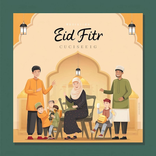 Des Idées De Posts Sur Les Réseaux Sociaux Pour La Fête D'eid Fitr Avec Des Illustrations De Musulmans Traditionnels