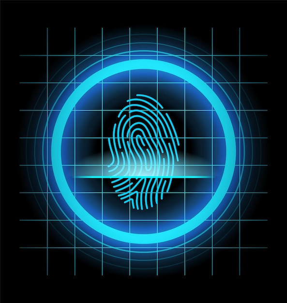 Identification d'empreintes digitales Concept de système de sécurité ou d'identification d'empreintes digitales par balayage Technologie futuriste Conception de données biométriques Système de sécurité basé sur l'illustration vectorielle de lignes de pouce
