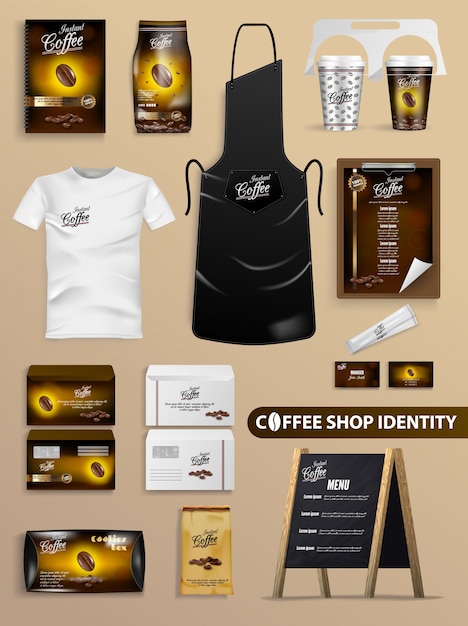 Vecteur identité de café avec l'ensemble de la marque réaliste.