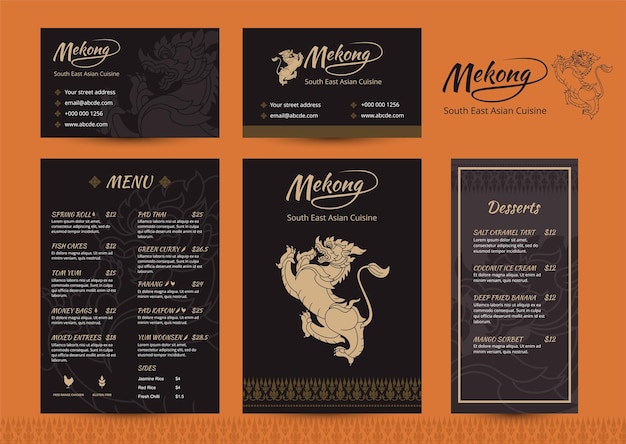 Identité d'entreprise Restaurant thaïlandais Menu et modèle de conception de carte de visite