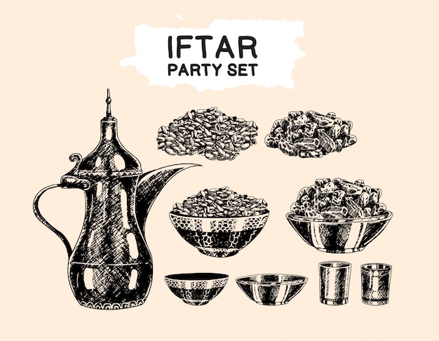 Vecteur iftar party thème islamique défini élément de style de dessin à la main