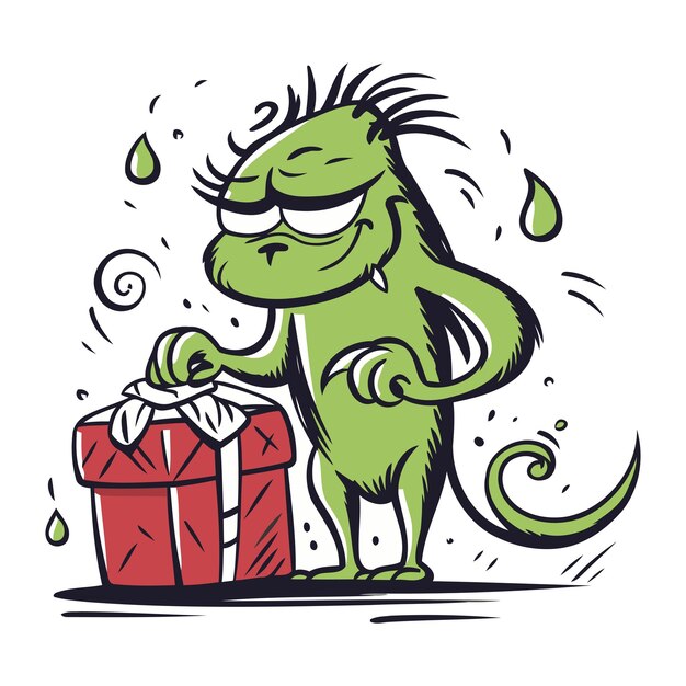 Vecteur l'iguane vert de dessin animé avec une boîte cadeau illustration vectorielle