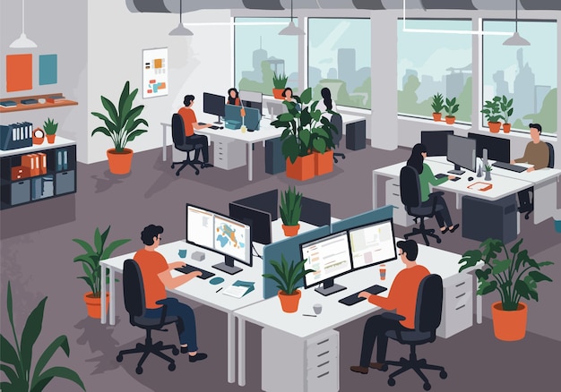 Il s'agit d'un immeuble d'un bureau moderne à plan ouvert avec des professionnels travaillant à des bureaux, un lieu de travail élégant.