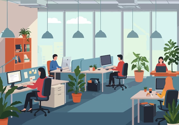Il s'agit d'un immeuble d'un bureau moderne à plan ouvert avec des professionnels travaillant à des bureaux, un lieu de travail élégant.