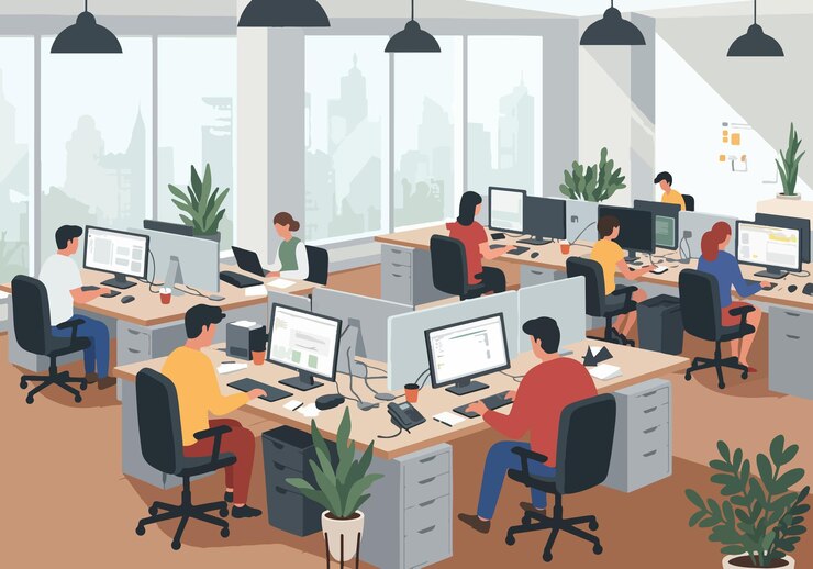 Vecteur il s'agit d'un immeuble d'un bureau moderne à plan ouvert avec des professionnels travaillant à des bureaux, un lieu de travail élégant.