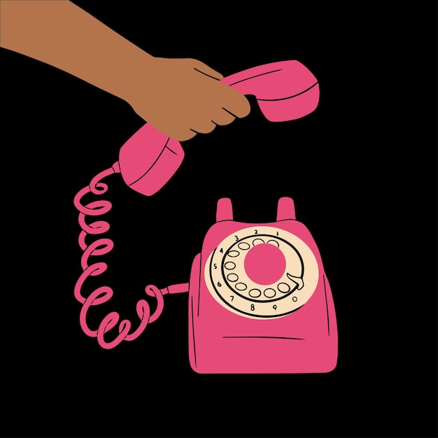 il tient à la main le récepteur d'un vieux téléphone rose rétro Illustration vectorielle en style cartoon