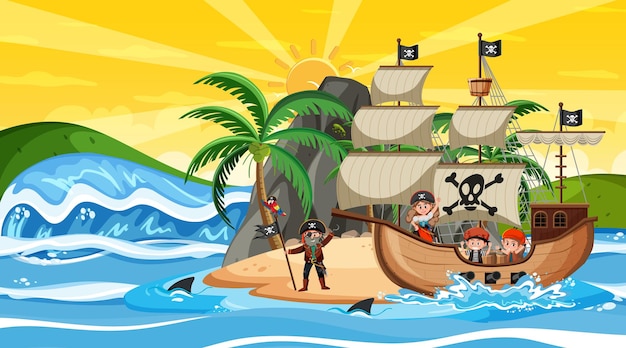 Île Avec Bateau Pirate Au Coucher Du Soleil En Style Cartoon