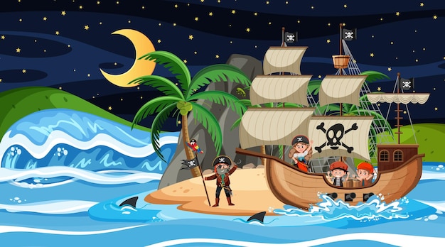 Île Avec Bateau Pirate En Scène De Nuit En Style Cartoon