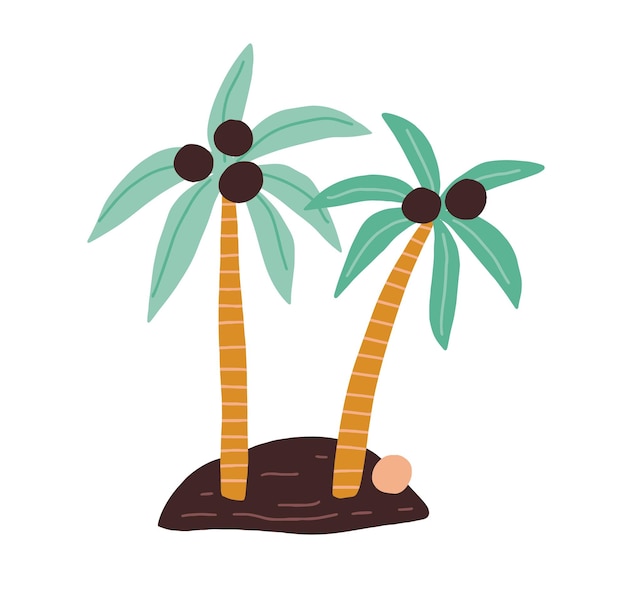 Île avec deux cocotiers avec des fruits en croissance et des noix de coco tombées. Cocopalms tropicaux dessinés à la main. Plantes exotiques. Illustration vectorielle plane colorée isolée sur fond blanc.